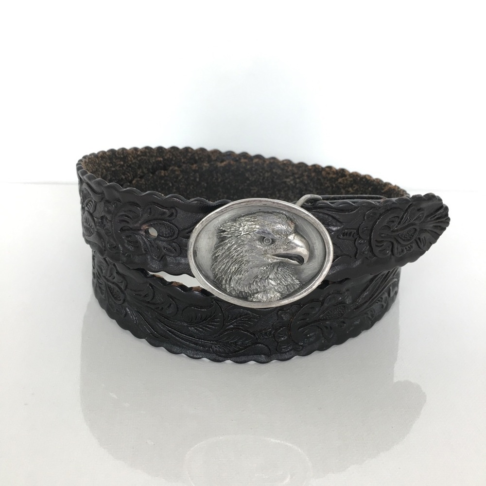 Vintage Bergamot Brass Eagle Buckle & Black Tooled Leather Belt Men’s Size 38